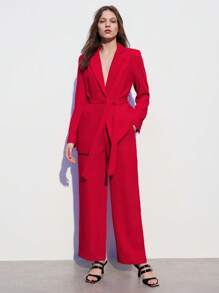 Maija Ladies' Solid Color Burgundy Lapel Long Sleeve Suit Jacket And Pants Work Suit - Red - View 7