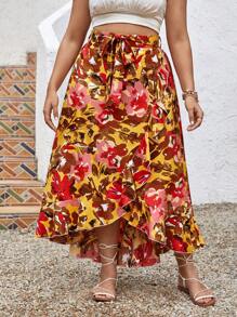 SHEIN VCAY 全身花卉印花波浪邊裝飾,打結側邊的夏季裙子 - 彩色 - 查看 1