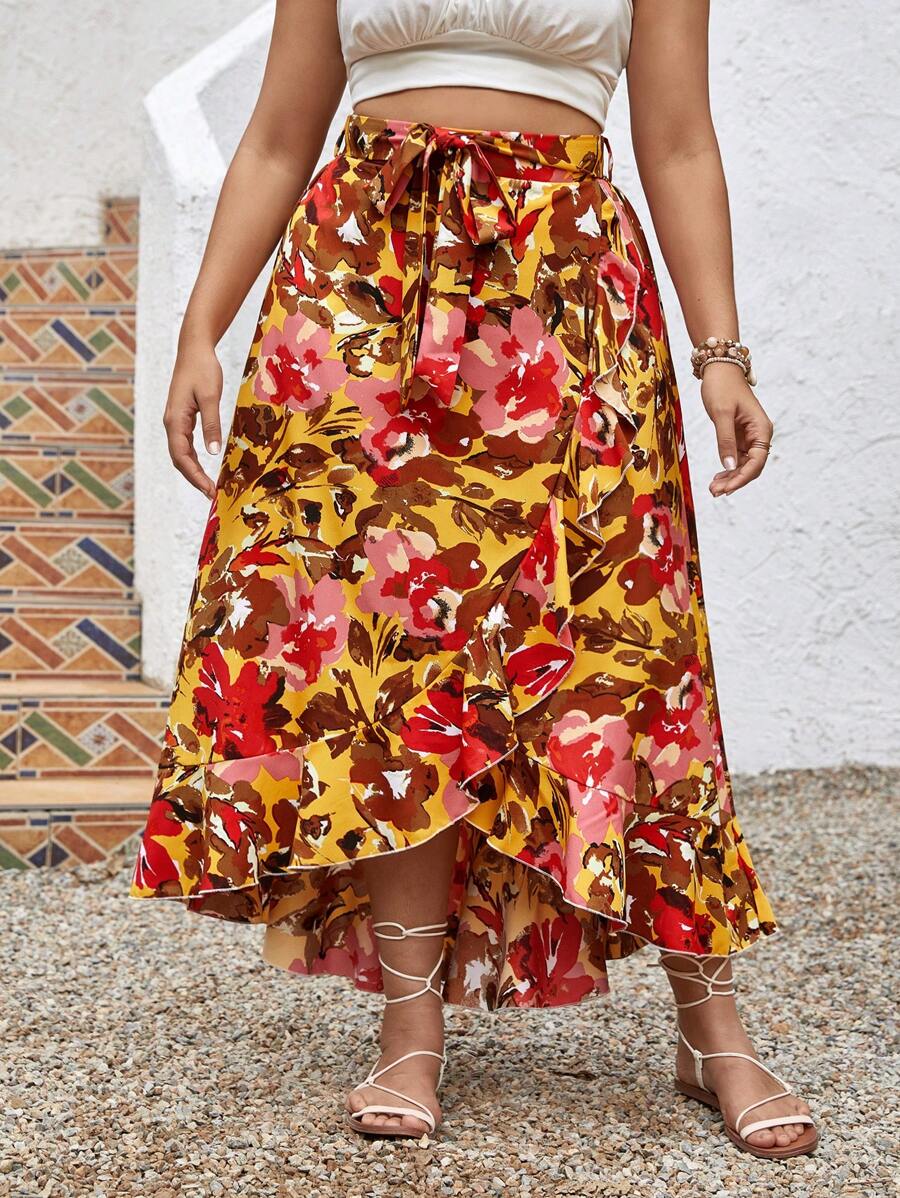 SHEIN VCAY 全身花卉印花波浪邊裝飾,打結側邊的夏季裙子 - 彩色 - 查看 1