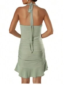 Cut Out Ruched Ruffle Hem Halter Dress Short Dress