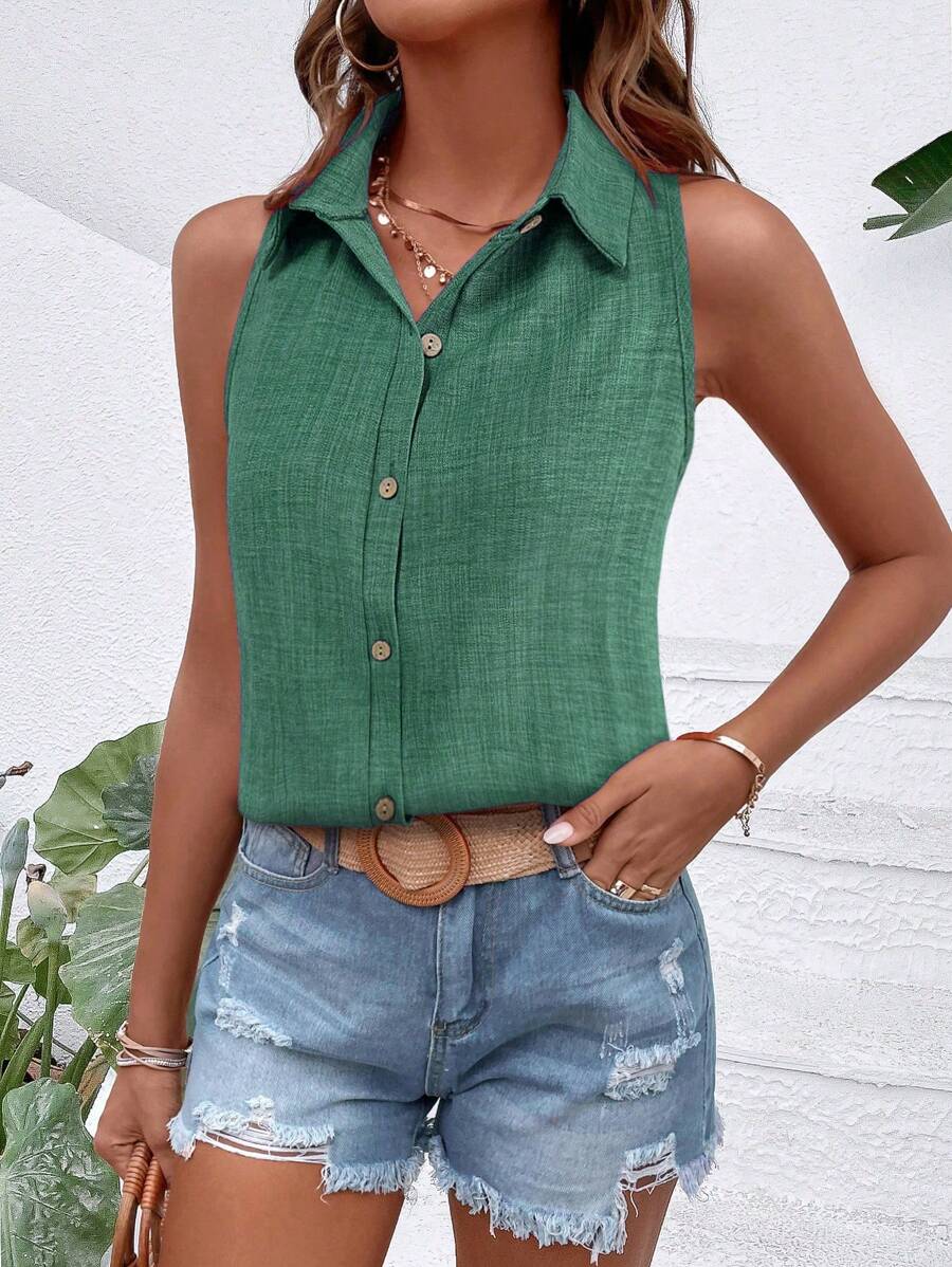 Chiquease Women's Fashionable Summer Solid Color Button Up Lapel Sleeveless Shirt - Mint Green - View 1