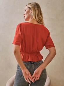 SHEIN 女士短袖襯衫,有褶邊和前蝴蝶結 - 紅木色 - 查看 3