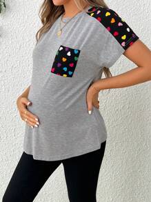 SHEIN T-shirt Casual A Manica Corta Con Batwing A Stampa Cuore Con Scollo Tondo Per Maternità, Adatto All'estate