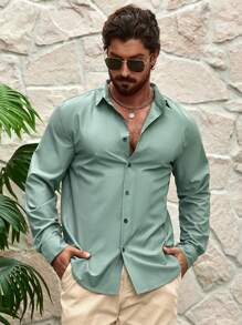 Manfinity Homme Men's Spring/Summer Casual Button-Down Long-Sleeved Shirt - Green - View 4