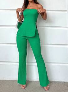 SHEIN SXY Summer Beach Ladies' Solid Green Color Strapless Crop Top & High Slit Skirt Two Pieces Set - Green - View 3