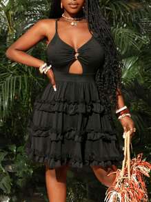 Slaydiva Vestido Elegante Con Tirantes Espagueti, Dobladillo Con Volantes Hueco De Color Sólido Para Vacacionar