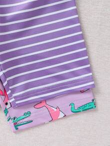 SHEIN Young Girl Pink Cute Shark Pattern Striped Short Sleeve & Shorts 4-Piece Snug Fit Pajama Set - Mauve Purple - View 4