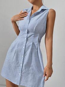 SHEIN Essnce 女式夏季休閒無袖鈕扣前衫裙 - 藍白色 - 查看 4