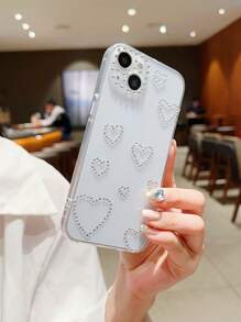 Valentines Y2K Heart Print Rhinestone Decor Clear Phone Case,International Version, Not The Domestic Version - Multicolor - View 2