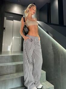SHEIN EZwear Women's Low Waist Pinstripe Suit Pants With Side Pockets - Multicolor - View 5
