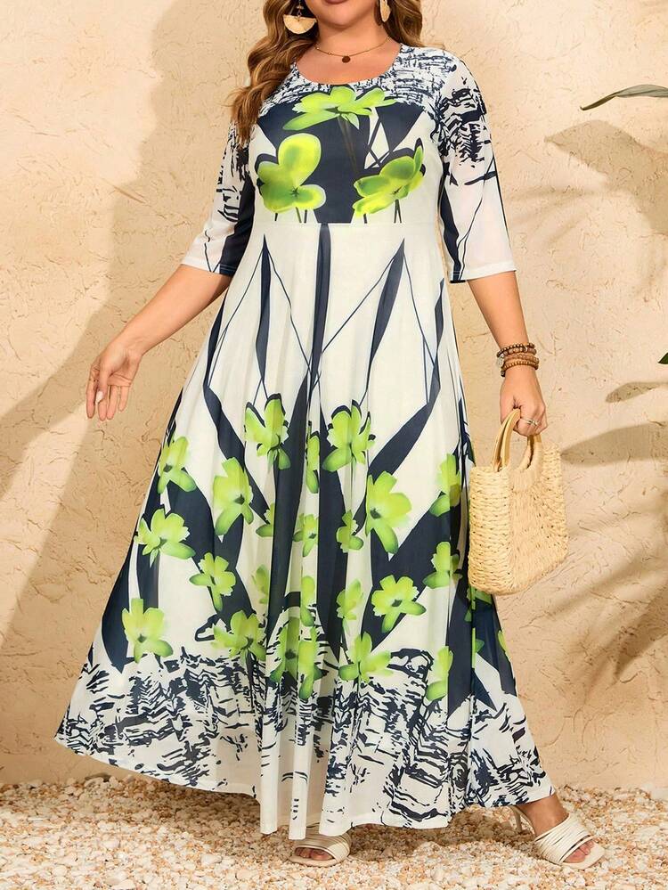 Plus Size Women's Clover Print Round Neck Arab Dress