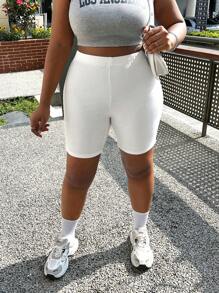 SHEIN EZwear Plus Size Solid Color Elastic Waist Cycling Shorts With Back Pocket - White - View 5