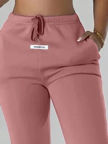 SHEIN 女式字母图案抽绳腰带口袋慢跑运动裤 - 珊瑚粉 - 查看 3