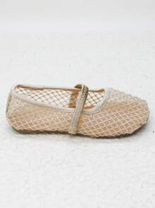 Golden Breathable Mesh Fabric With Random Rhinestone Texture And Elastic Straps, Round Toe Comfortable Flat Shoes For Girls' Daily Wear And Vacation