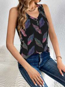 SHEIN LUNE 夏季休閒葉子印花鈕扣半開口坦克頂 - 彩色 - 查看 4