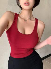 DAZY Women's Summer Round Neck Slim Fit Hollow Out Back Cross Strap Tank Top - Red - View 2