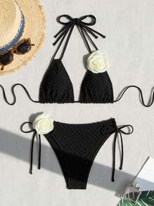 SHEIN Swim 夏季沙灘女性海邊花卉3D裝飾中空露背連頸裝束比基尼套裝 - 黑色 - 查看 1