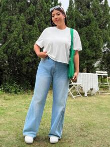 SHEIN EZwear Plus Size Summer Casual Short Cropped White T-Shirt - White - View 3