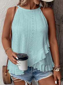 SHEIN LUNE Plus Size Women's Summer Floral Burnout Embroidery Patchwork Halter Neck Ruffle Hem Tank Top - Blue - View 3