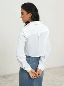 Anewsta Elegant & Casual Loose Fit Semi-Transparent Short Cut Women Shirt With Rhinestones - White - View 3