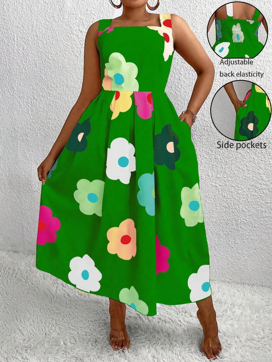 Maweii 夏季花卉印花大尺碼方領無袖連衣裙 - 彩色 - 查看 1