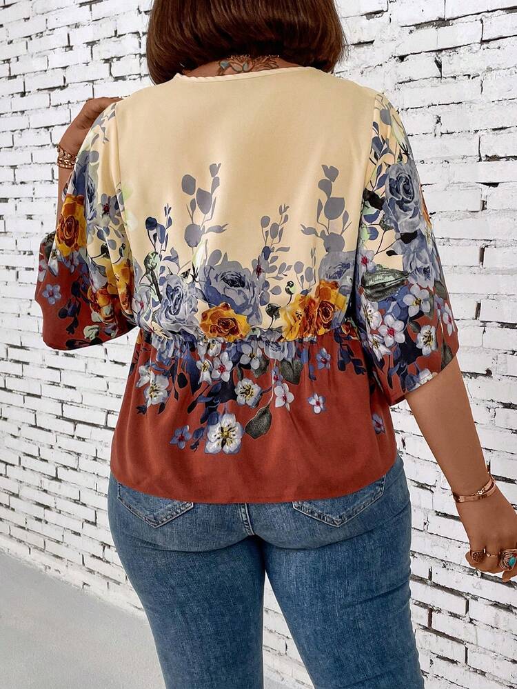 Plus Size Wrap Neck Floral Printed Blouse Peplum Top