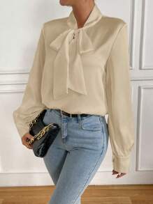 Chiquease 女士春夏裝優雅長袖綁領襯衫 - 杏色 - 查看 3