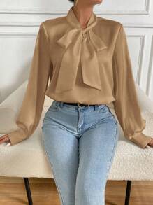 Chiquease 女士春季休閒打結領長袖衫 - 卡其色 - 查看 1