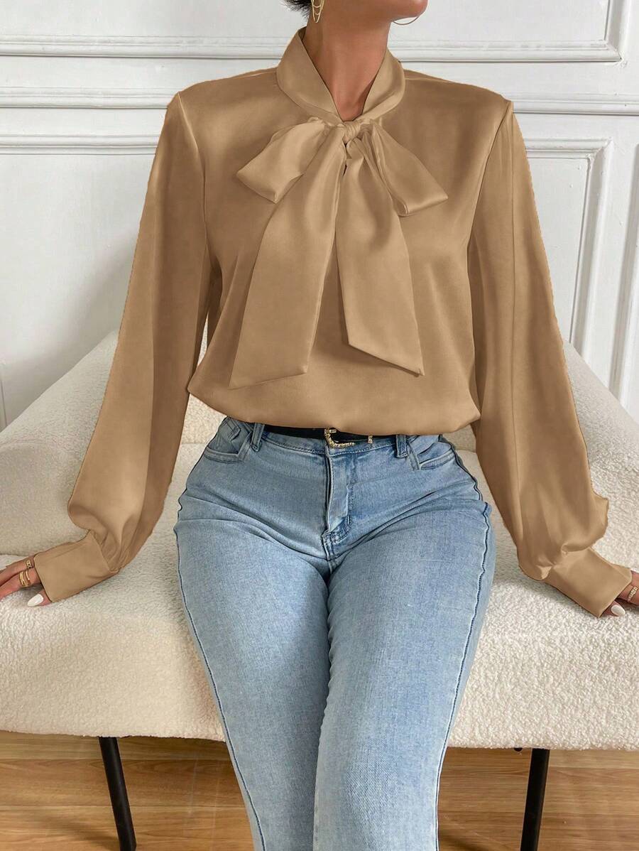 Chiquease 女士春季休閒打結領長袖衫 - 卡其色 - 查看 1