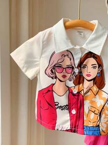 SHEIN 嬰兒女孩休閒街頭風格卡通印花折領上衣和百褶裙套裝，春季/夏季 - 玫紅色 - 查看 3