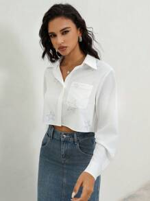 Anewsta Elegant & Casual Loose Fit Semi-Transparent Short Cut Women Shirt With Rhinestones - White - View 1