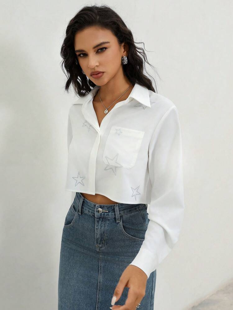 Elegant & Casual Loose Fit Semi-Transparent Short Cut Women Shirt With Rhinestones