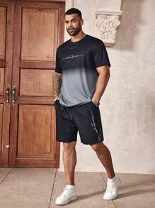 Manfinity Homme Men's Plus Size Gradient Letter Print Short Sleeve T-Shirt And Shorts Set - Multicolor - View 6