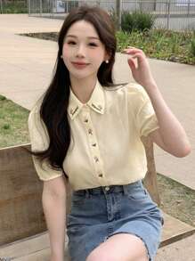 DAZY Women's Spring/Summer Floral Embroidery Bubble Sleeve Shirt - Apricot - View 1