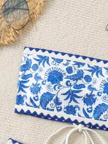 Swim Lushoire 夏季海灘印花無肩帶比基尼泳衣套裝 - 藍白色 - 查看 6