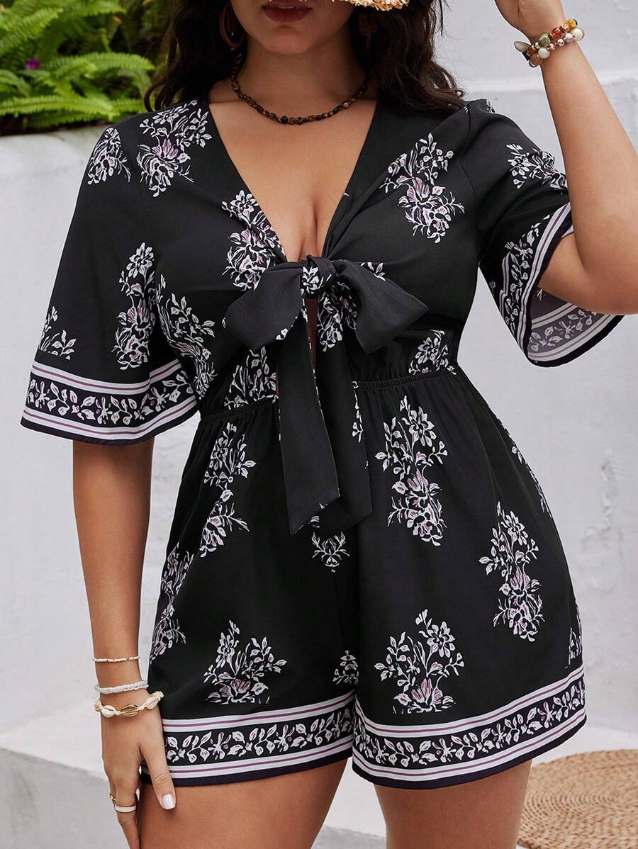 SHEIN VCAY Floral Printed Plus Size Jumpsuit With Bowknot On Front Chest - Multicolor - View 1