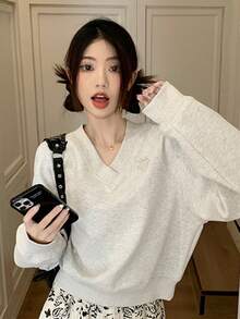 字母刺绣插肩袖套头衫，长袖上衣 - 灰色 - 查看 4