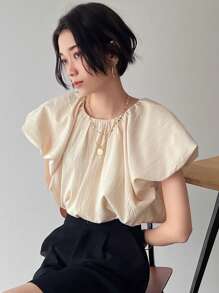 FRIFUL Ladies' Spring & Summer Solid Color Textured Puff Sleeve Casual Shirt,Crop Tops Women