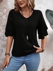 EMERY ROSE Women's Double Layer Ruffled Hem Short Sleeve T-Shirt - Black - View 5