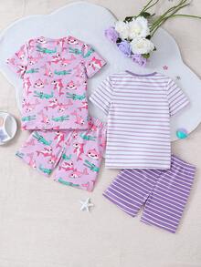 SHEIN Young Girl Pink Cute Shark Pattern Striped Short Sleeve & Shorts 4-Piece Snug Fit Pajama Set - Mauve Purple - View 2