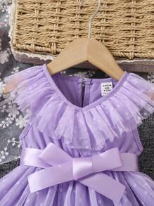 女婴可爱优雅波尔卡圆点网眼撞色无袖连衣裙，春夏 - 紫色 - 查看 4