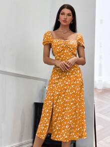 GENKIRA Váy ngắn tay xẻ cao in hoa bong bóng cho nữ - trái cam - Xem 6