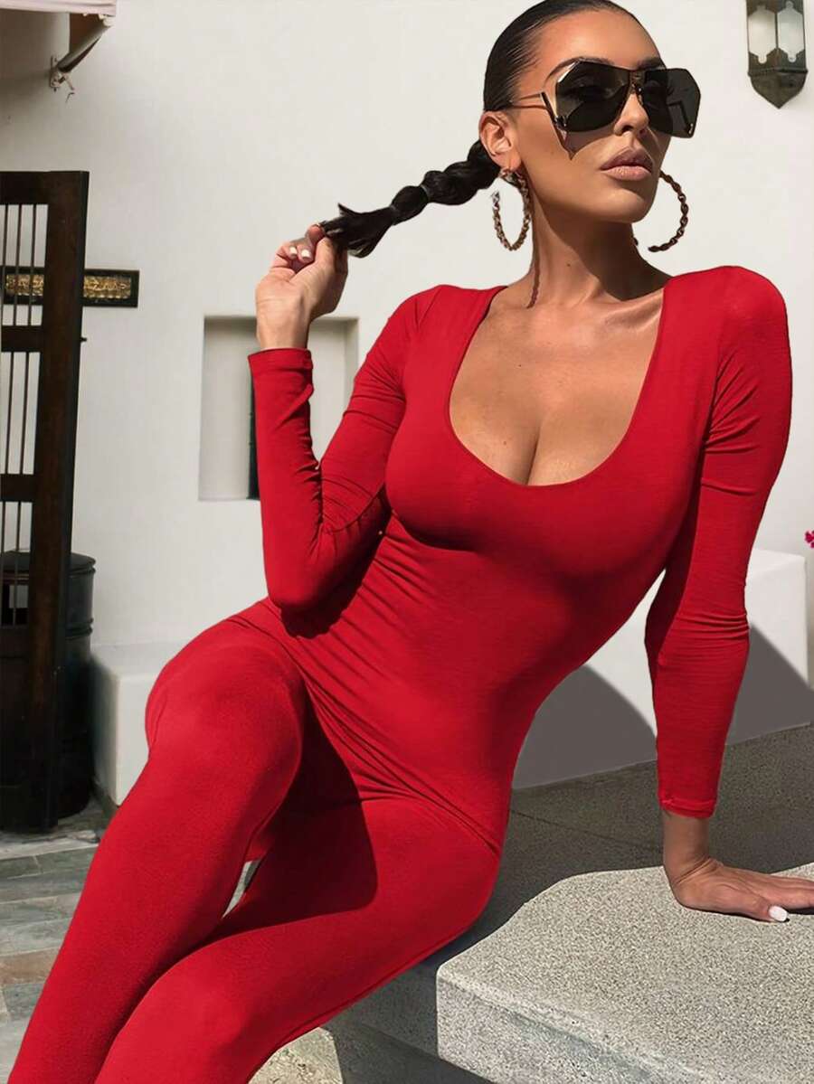 Women U-Neck Unitard, For Summer - Red - View 1