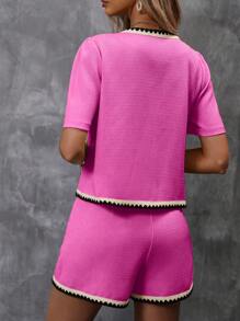 SHEIN Clasi Women's Color Block Hem Detail Short Sleeve Top And Shorts Two-Piece Set - Hot Pink - View 2