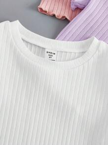 SHEIN Tween Girl 3 cái/bộ Áo thun ngắn tay cổ tròn màu trơn thông thường thoải mái - Màu tím hoa cà - Xem 4