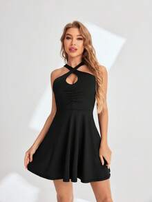 SHEIN Sports Solid Color Hollow Out Halter Neck Sports Dress - Black - View 5