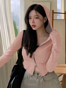 DAZY Của phụ nữ Màu thuần Dây kéo mặt trước Ngắn Thon gọn Hoodie Với Tay áo dài , Thích hợp Cho mùa xuân Và Mùa thu - Màu Hồng baby - Xem 4