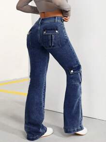 SHEIN ICON Jeans Acampanados De Carga Casuales Con Bolsillo De Solapa Para Verano - Azul lavado oscuro - Ver 2