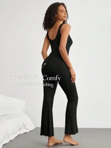 純色肋條針織連身褲,家居穿著 - 黑色 - 查看 1