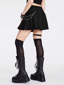 ROMWE Goth 女式y2k風格低腰百褶裙,配有金屬十字鏈裝飾,適合夏季穿著 - 黑色 - 查看 4